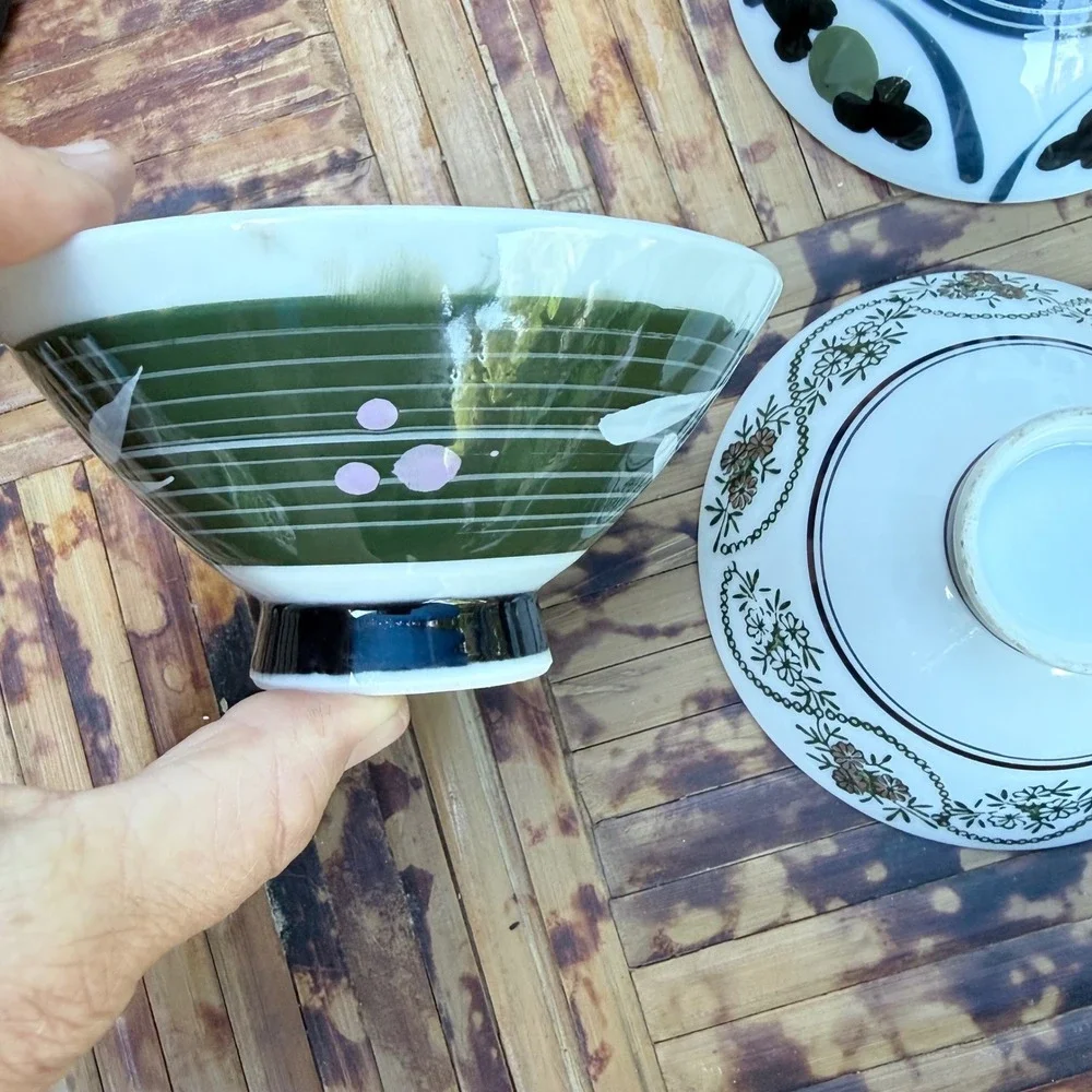 Assortment of 3 Japanese Rice Bowls Floral & Striped Patterns Hand-Painted Style